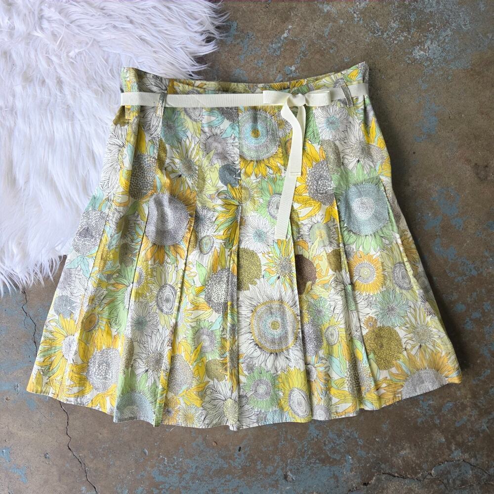 Vintage Y2K J Crew Yellow Floral Print Pleated Skirt Size 10 Ribbon Waist Twee